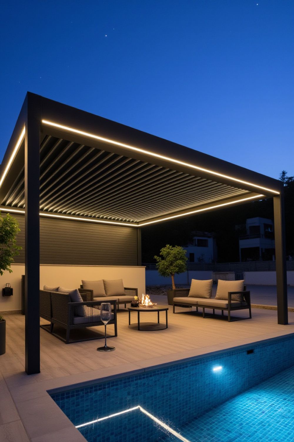 Pérgola bioclimática de aluminio blanco en un patio moderno en La Dehesa